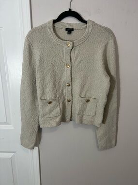 Ann Taylor Factory Cream Bouclé Knit Cardigan with Gold Button,medium